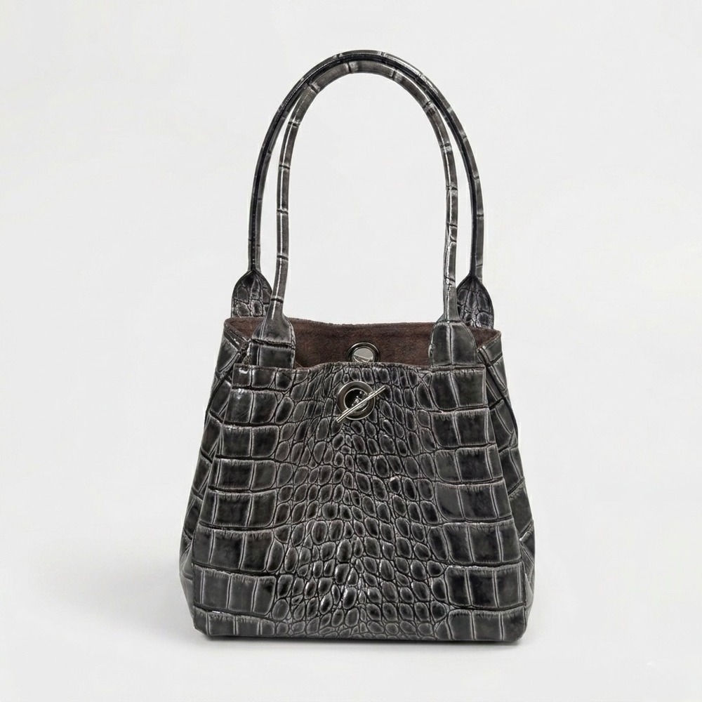 Grey Croc Embossed Structured Tote Bag Suede Lining Chic Glam Old Money Office